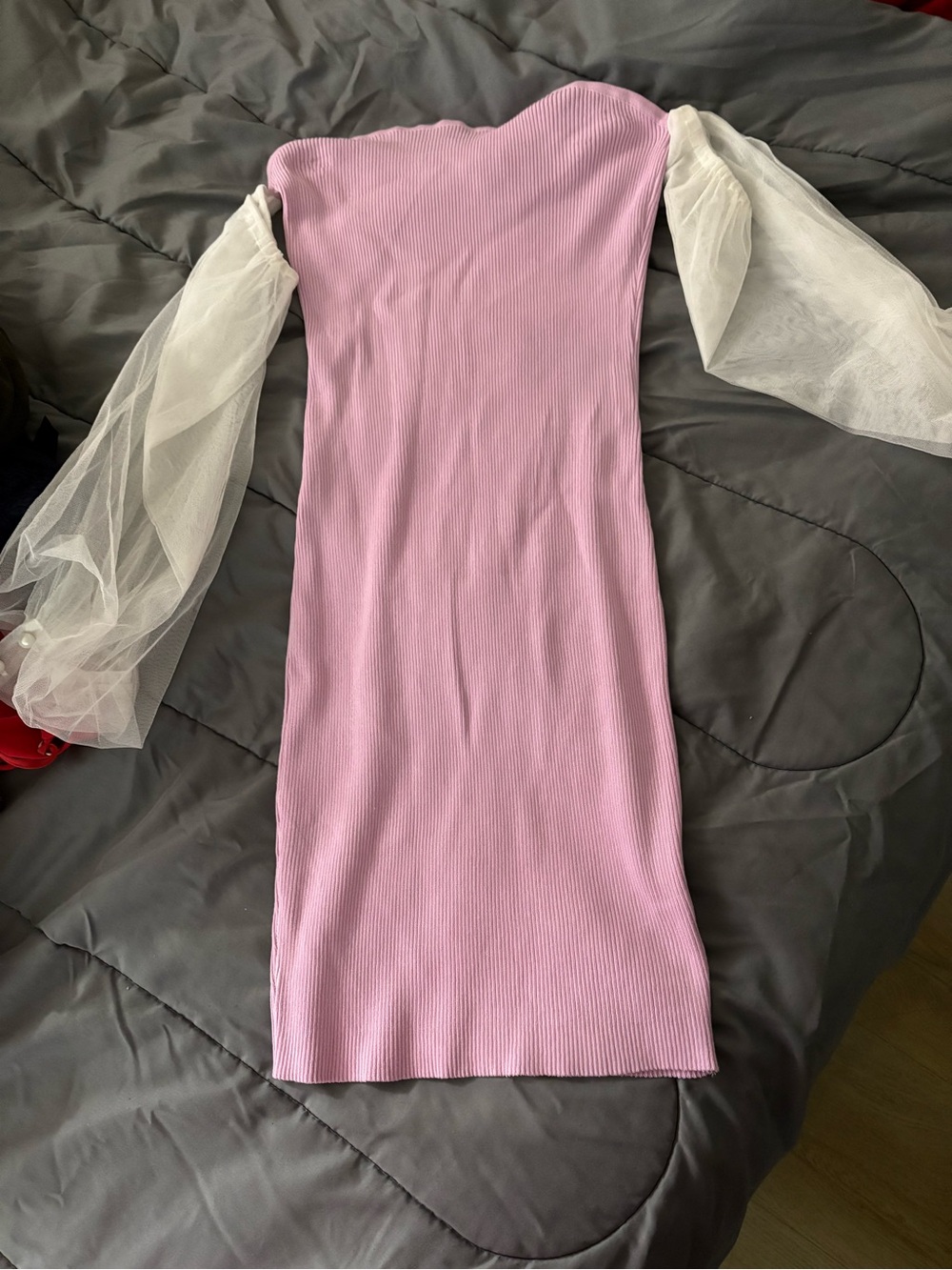 Fashion Nova Pink Ribbed Midi Dress with Sheer White Puff Sleeves